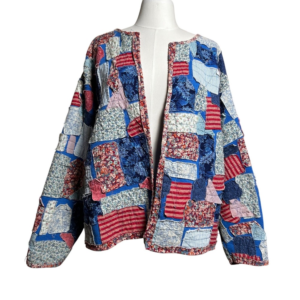 Vintage Patchwork Quilted Jacket Boho Eclectic Red White Blue Americana XL